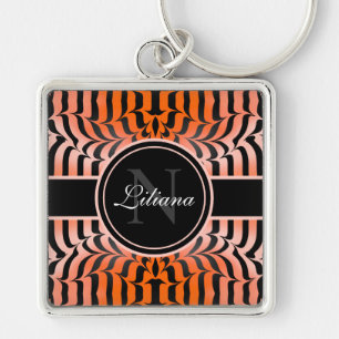 Elegant Aesthetic Orange & Black Tiger Skin Print Fyrkantig Silverfärgad Nyckelring