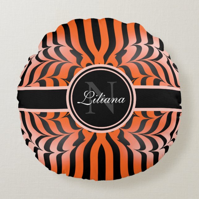 Elegant Aesthetic Orange & Black Tiger Skin Print Rund Kudde (Framsidan)