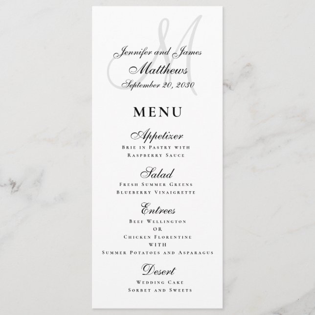 Elegant Affair Black White Script Monogram Bröllop Meny (Framsida)
