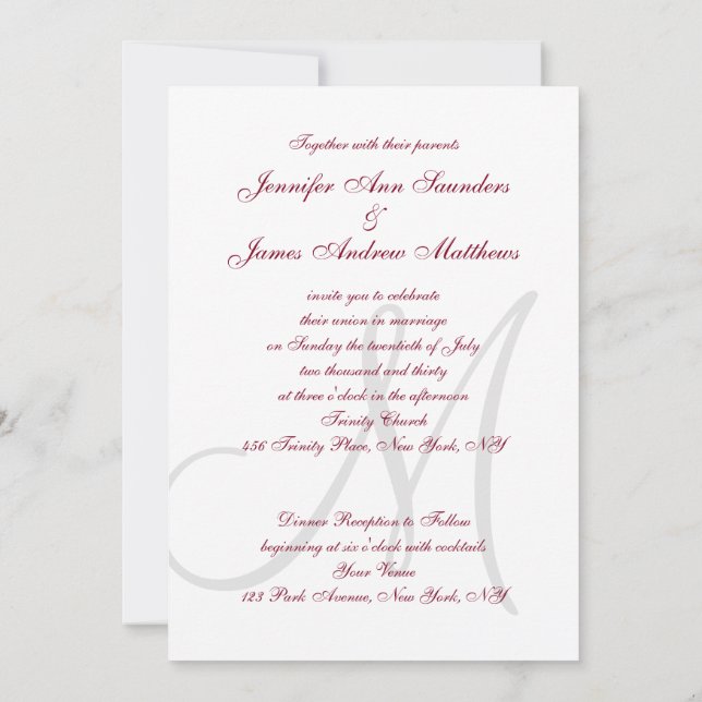 Elegant Affair Burgundy Grått Monogrammed Bröllop Inbjudningar (Baksida)