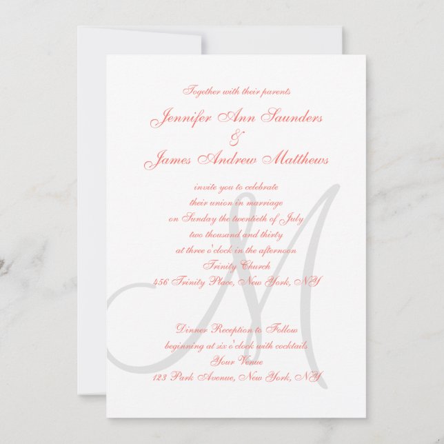 Elegant Affair Coral Grått Monogrammed Bröllop Inbjudningar (Baksida)