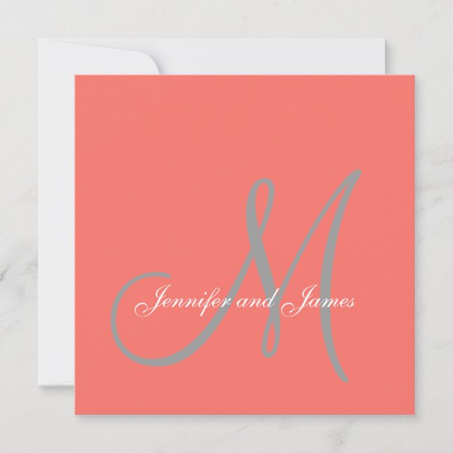 Elegant Affair Coral Grått Script Monogram Bröllop Inbjudningar (Framsida)