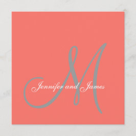 Elegant Affair Coral Grått Script Monogram Bröllop Inbjudningar