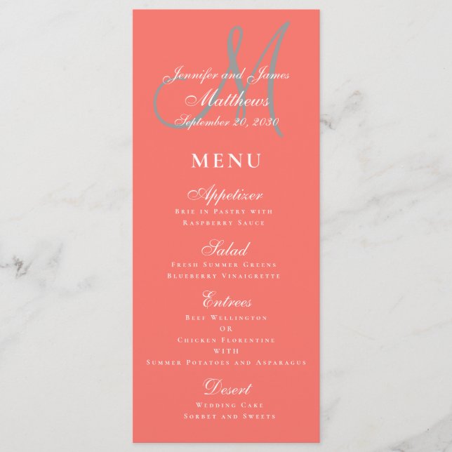 Elegant Affair Coral Grått Script Monogram Bröllop Meny (Framsida)
