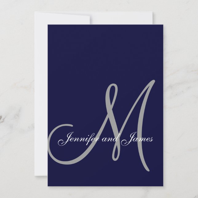 Elegant Affair Navy Blue Grått Initial Bröllop Inbjudningar (Framsida)
