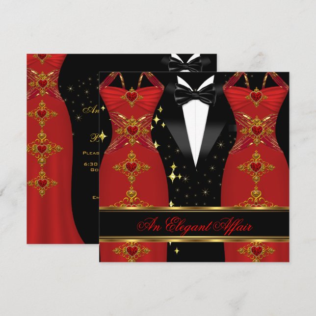 Elegant Affair Red Dress Black Tie Guld Birthday 3 Inbjudningar (Fram/baksida)