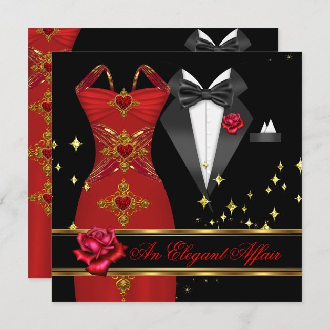 Elegant Affair Red Dress Black Tie Guld Röd ros 4 Inbjudningar (Fram/baksida)
