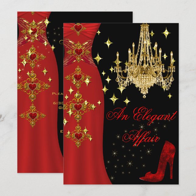 Elegant Affair Red Dress Guld Chandelier Birthday Inbjudningar (Fram/baksida)