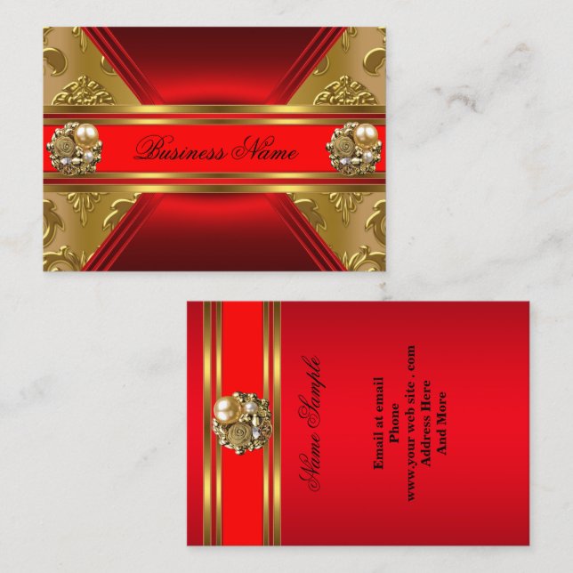 Elegant affärsverksamhet Röd Guld Damask Juvel 2 Visitkort (Fram/baksida)