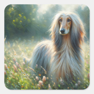 Elegant Afghan Hound – Blomsterängsmålning Fyrkantigt Klistermärke