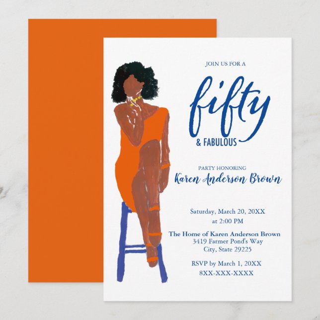 Elegant African American 50 och Fab Orange Inbjudningar (Fram/baksida)
