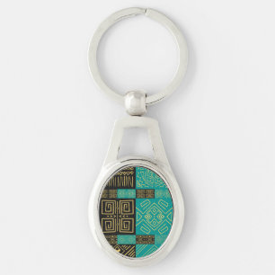 Elegant African Tribal Geometric Mönster Ovalt Silverfärgad Nyckelring