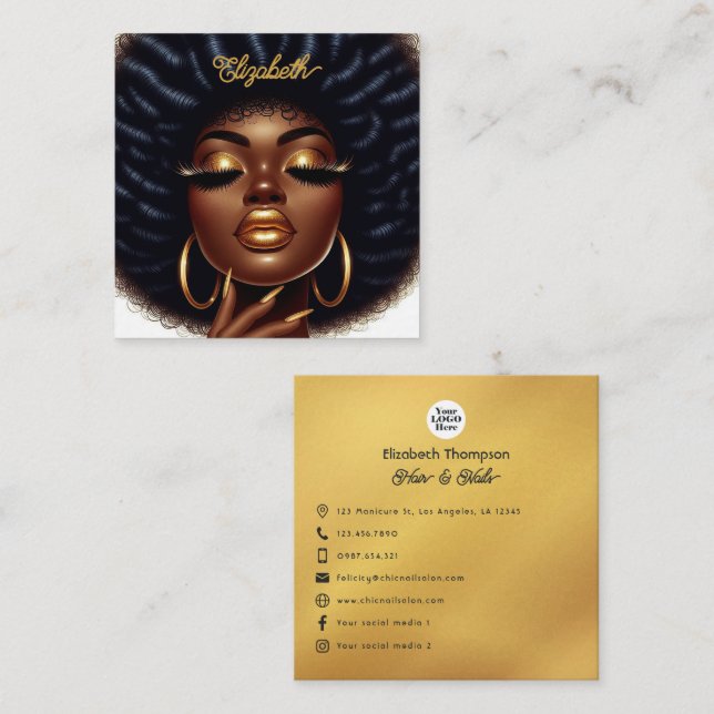 Elegant Afro Chic Hair & Nagel Salon Branding Fyrkantigt Visitkort (Fram/baksida)