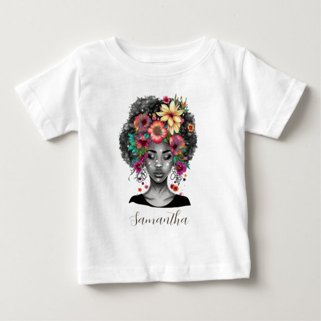 Elegant afro-kvinna med blommor t shirt (Framsida)