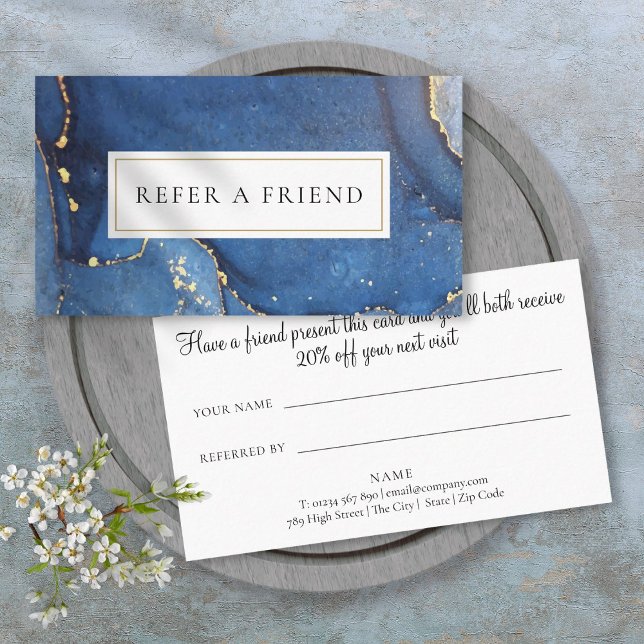Elegant Agat Marmor Marin Guld Glitter Rekommendat Rabattkort (Chic Agate Marble Navy Gold Glitter Referral Card)