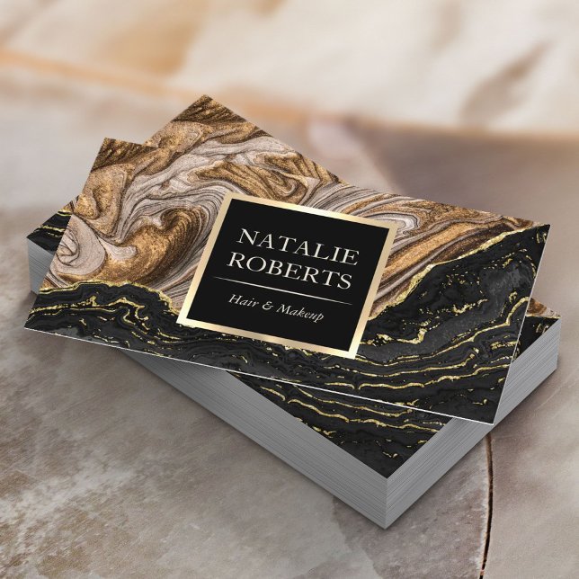 Elegant Agate Black & Guld Marble Beauty Salon Bu Visitkort (Skapare uppladdad)