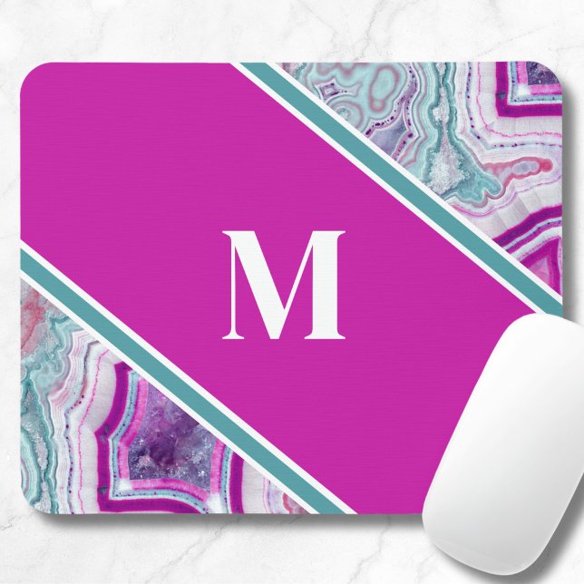 Elegant Agate Initial Monogram Musmatta (Girly Teal Purple Agate Stone Initial Monogram Mouse Pad)