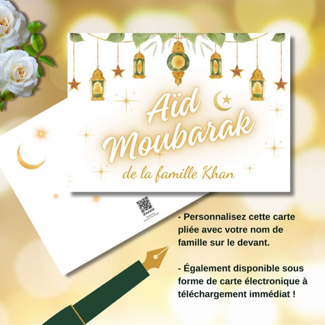 Elegant Aïd Moubarak Fransk Eid Mubarak White Guld Kort (Une carte élégante et moderne. Aïd Moubarak!)