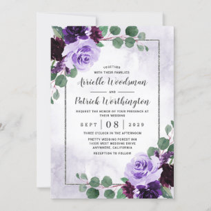 Elegant Airy Boho Blommigt Lila och Silver Bröllop Inbjudningar