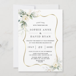 Elegant Airy Greenery White Flowers Guld Bröllop Inbjudningar