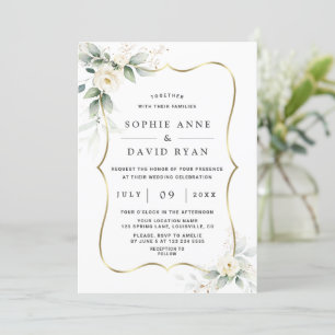 Elegant Airy Greenery White Flowers Guld Bröllop Inbjudningar