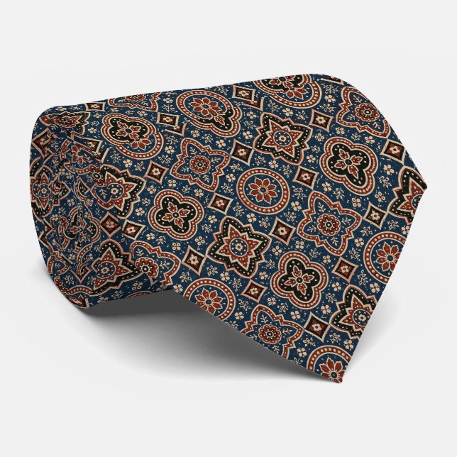 Elegant Ajrak Blå Rost Boho Paisley Stil Slips (Rullad)