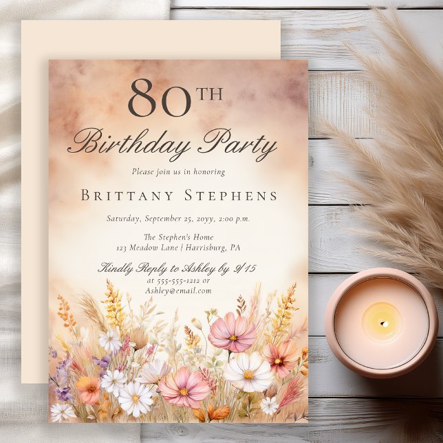 Elegant akvarell äng med vildblommor 80-årsdag inbjudningar (Elegant watercolor wildflower meadow 80th birthday invitation)
