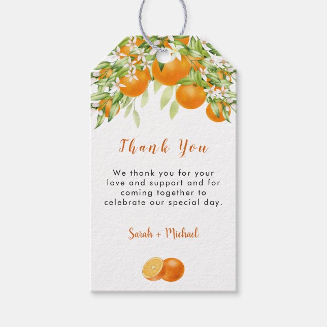 Elegant akvarell apelsin Baby Shower Tack Presentetikett (Framsidan)