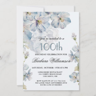Elegant akvarell blå blomster 100-årsdag inbjudningar