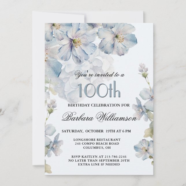 Elegant akvarell blå blomster 100-årsdag  inbjudningar (Framsida)