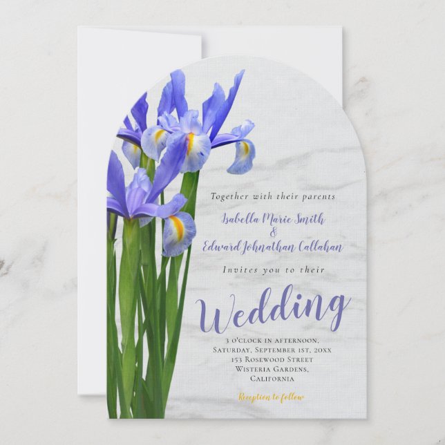 Elegant akvarell blå blomster- och marmorbryllop inbjudningar (Framsida)