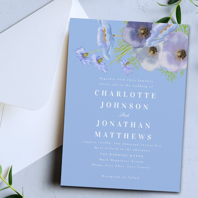 Elegant akvarell blå blomsterbröllop inbjudningar (Elegant watercolor wildflower floral blue wedding invitation)