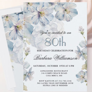 Elegant akvarell blå blomstermotiv 80-årsdag inbjudningar
