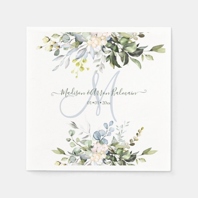 Elegant akvarell blå eukalyptusmonogram pappersservett (Framsidan)