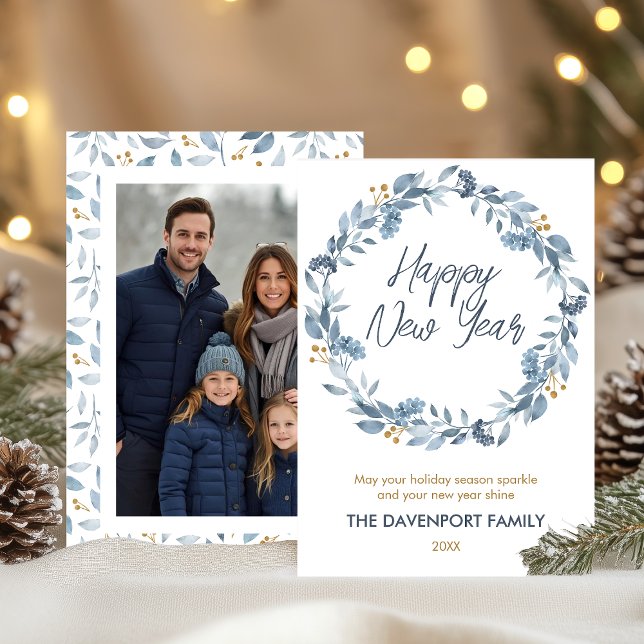 Elegant akvarell blå grönska krans foto julkort (Skapare uppladdad)