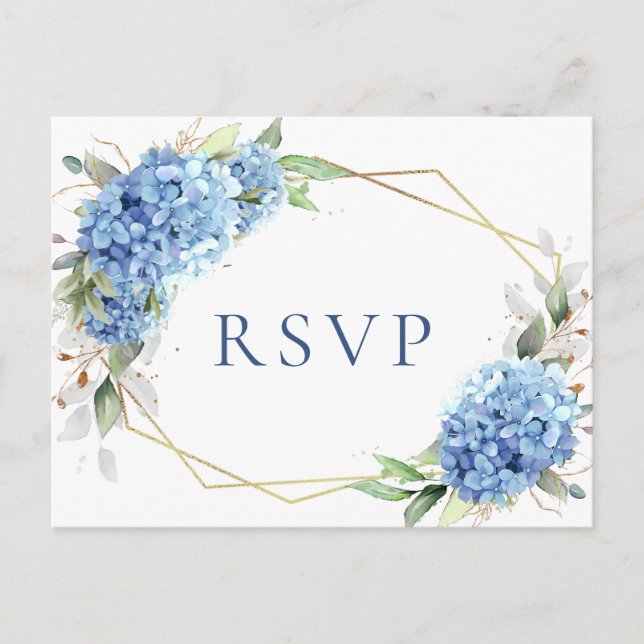 Elegant akvarell blå hortensia bröllop RSVP Vykort (Framsida)