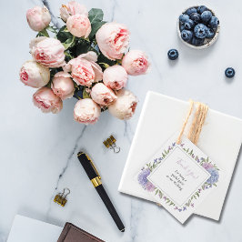 Elegant akvarell blå och lila blomsterbröllop gåvor etiketter