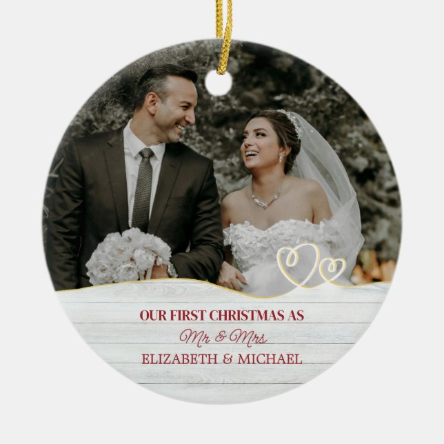 Elegant akvarell botanisk för bröllopsfoto julgransprydnad keramik (Framsidan)