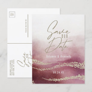 Elegant akvarell Burgundy & Guld Save the Date Meddelande Vykort