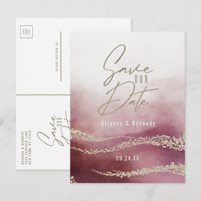 Elegant akvarell Burgundy & Guld Save the Date Meddelande Vykort (Fram/baksida)