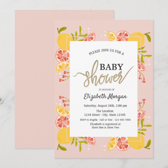 Elegant akvarell citrus ram baby shower  inbjudningar (Fram/baksida)