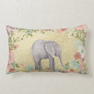 Elegant akvarell Elefant Blommig Ram Guld Folie Lumbarkudde