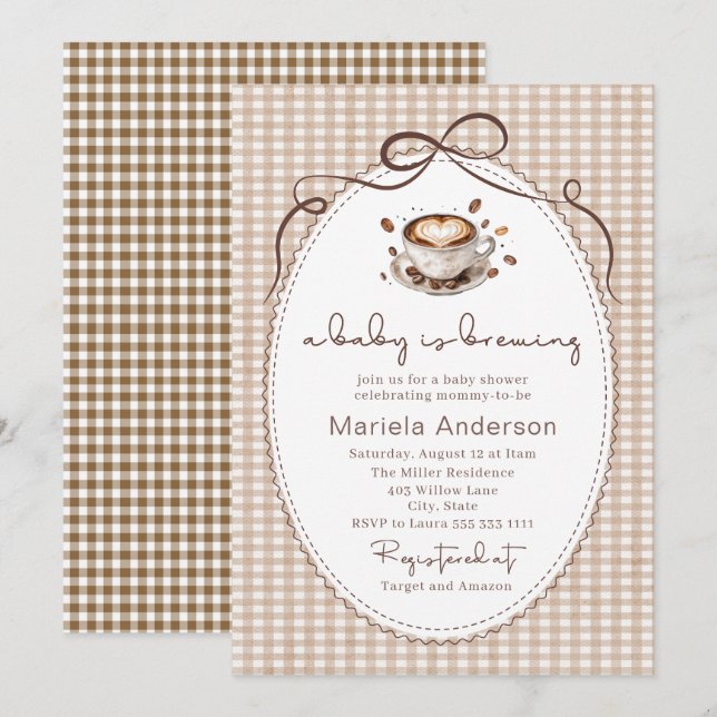 Elegant akvarell en baby brygger kaffe brawn  inbjudningar (Fram/baksida)