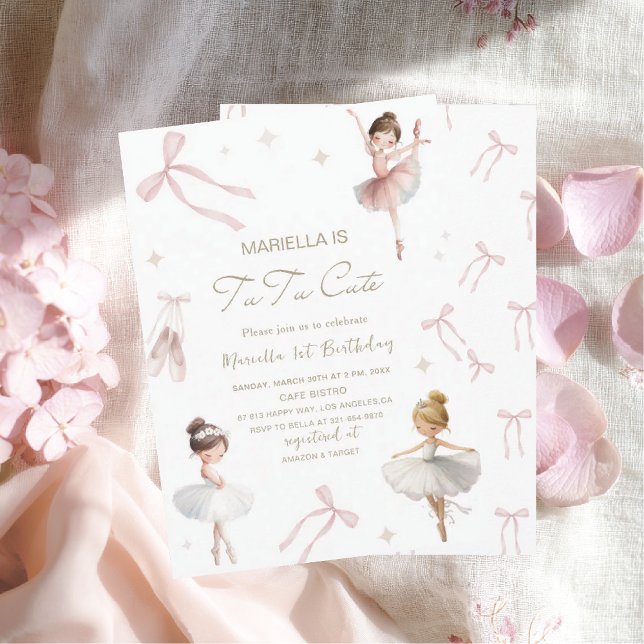 Elegant akvarell Ett 1-års födelsedag tutu söt fli Inbjudningar (Skapare uppladdad)