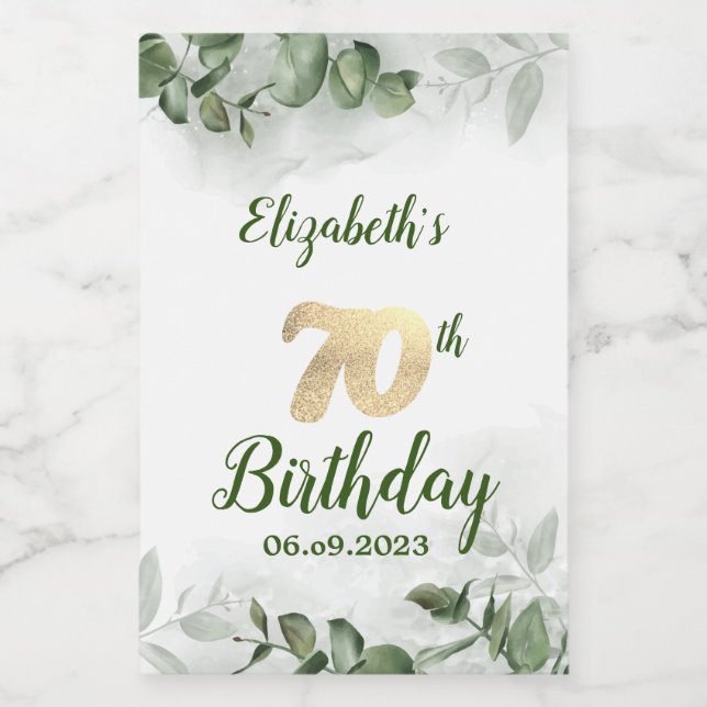 Elegant akvarell eukalyptus grönska 70-års födelse vinetikett (Enkel etikett)