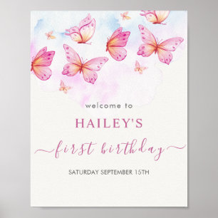 Elegant akvarell fjärilsflicka 1-årsdag poster