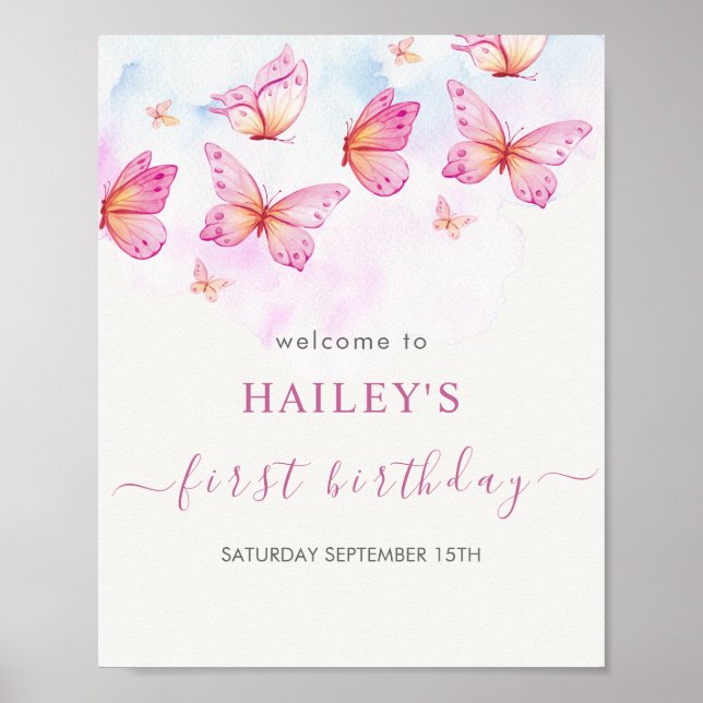 Elegant akvarell fjärilsflicka 1-årsdag poster (Framsidan)