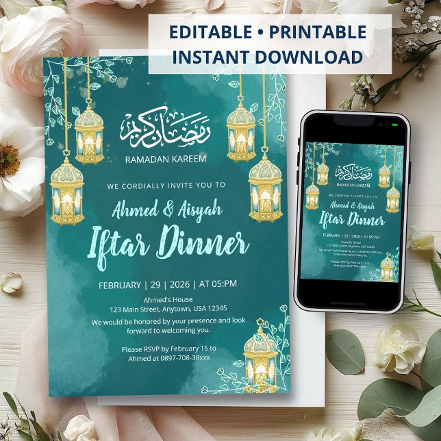 Elegant akvarell grönblå Iftar-inbjudan Inbjudningar (Skapare uppladdad)