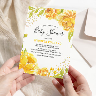 Elegant akvarell gul blomster baby shower inbjudningar