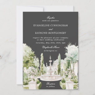 Elegant akvarell herrgårdsträdgård grå bröllop inbjudningar